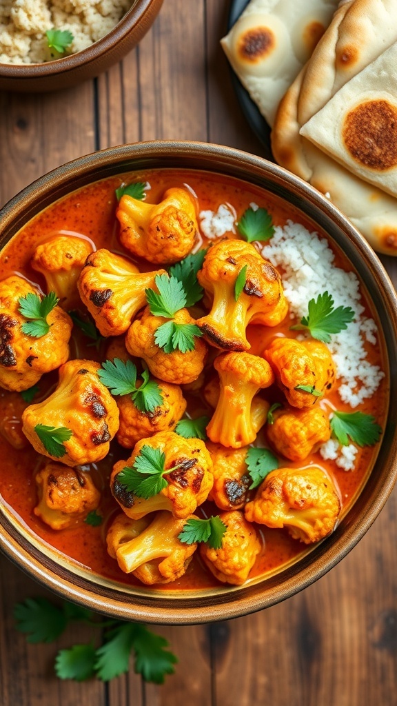 A bowl of cauliflower tikka masala with roasted cauliflower in creamy tomato sauce, garnished with cilantro, served with naan.